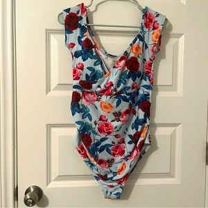 PinkBlush Maternity Off the Shoulder One-Piece Blue Floral Swimsuit (medium)